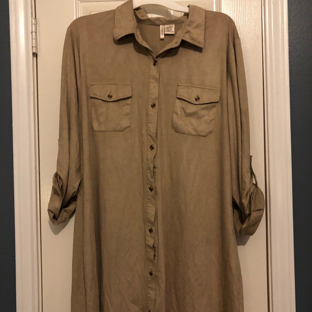 Tan mid-length button down dress